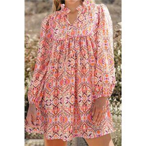 Printed Tie Neck Long Sleeve Mini Dress